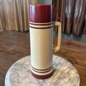 VTG 1970s Aladdin Thermos Pint Burgundy & Forest Green Stripes Vacuum Sealed